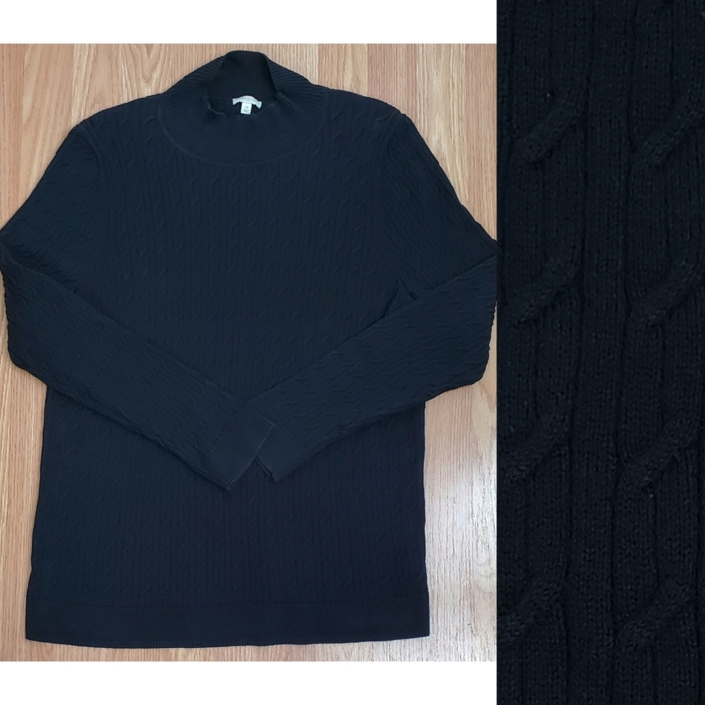 Talbots 2X cable knit high neck pullover sweater black long sleeve academia